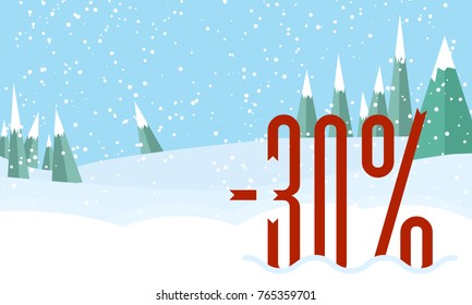 Winter forest landscape,snowy sky. Red Percent on snow.Flat style for web