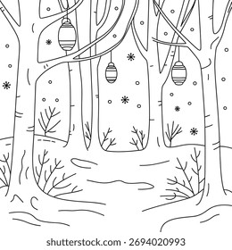 Página para colorear de las linternas del bosque de invierno | Snowy Woods Scene Line Art para niños y adultos