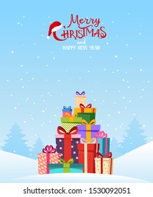 Winter forest with a large pile of gifts in the snow. Christmas card. Christmas background for congratulations. Stock vector in a flat cartoon style.