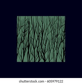 Winter forest , leafless trees silhouette vector illustration
green background and black frame