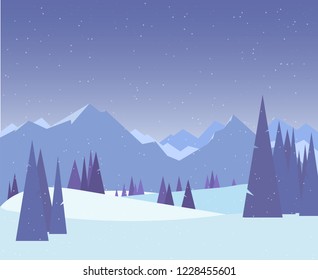 Winter forest and merry christmas illustration. Christmas snow nature background. Snowfall and mountains on background. Sky with snow. Forest of fir-trees. Calm, winter scene.