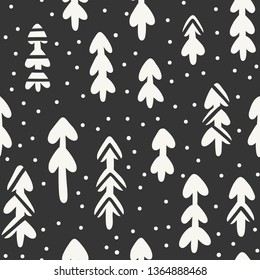 Winter forest monochrome seamless vector pattern. Hand drawn print with fir tree and snow for wallpaper, wrapping, textile, poster, fabric