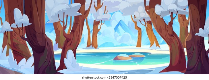 Winter forest with mountain frozen lake cartoon landscape illustration. Snow on tree and rock in empty deep nature wilderness game location. White snowy place drawing for journey and adventure