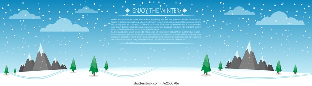 Winter forest with mountains. Panorama. Place for text.
