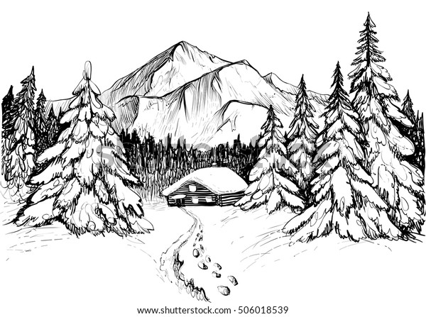 山の中の冬の森 スケッチ 雪の多いヒエ 松 山 家の白黒のベクターイラスト 手描きの冬のシーン ラインアート のベクター画像素材 ロイヤリティフリー
