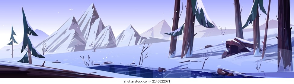 Winter Forest Nature Landscape With Frozen Pond, Conifers Trees And Mountains Covered With Snow. Cartoon Background Of Wild Park Or Garden With Icy Lake, Rocks, Pines And Bushes, Vector Illustration