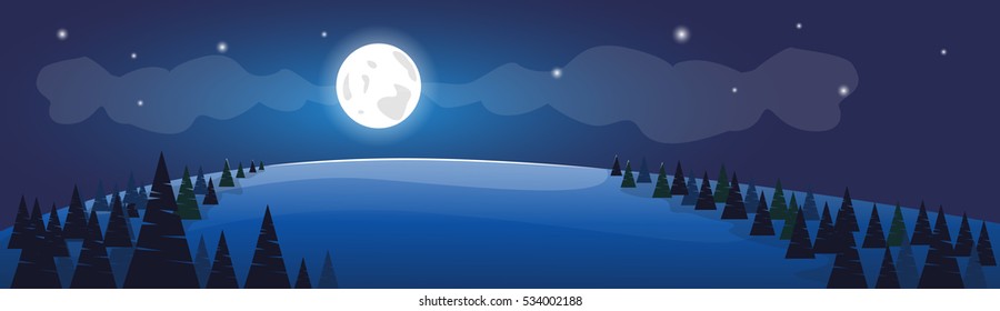 Winter Forest Night Landscape White Snow Banner Flat Vector Illustration