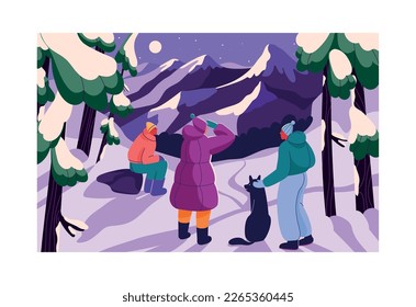 Winter forest at night with people, dog. Cold weather landscape with characters, friends group walking in frost, hiking in snowy woods, mountains in snow late in evening. Flat vector illustration