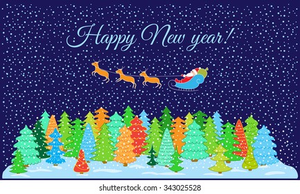 Winter forest night. Postcard happy New year and Christmas.