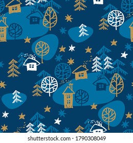 Winter forest night seamless pattern for background, wrap, fabric, textile, wrap, surface, web and print design.  Hand drawn cosy house and xmas trees repeatable motif. 