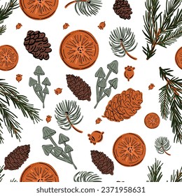 Winter forest orange pine cone mushroom seamless pattern