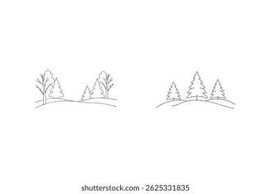 Winter Forest Outline Illustration With Bare Trees And Pine Trees On Hills