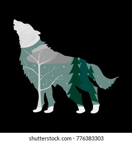 Winter forest in the outline of a wolf.