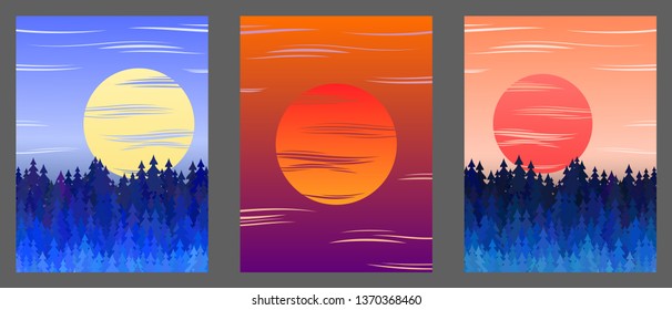 Winter forest panorama with sunset and christmas trees landscape illustration. Winter forest night landscape vector illustration with full moon. Red sunset vector illustration with sun and clouds.
