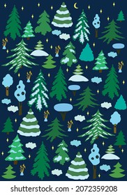 Winter forest pattern at night on a blue background.