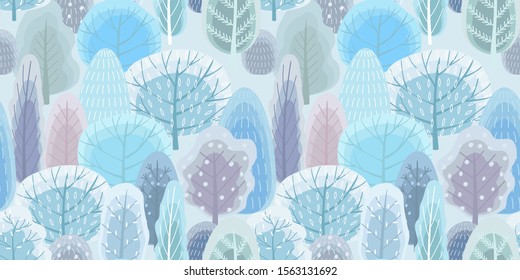 Winter forest pattern. Vector seamless texture. Trendy flat style.
