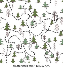 Winter forest with rabbit tracks seamless pattern (vector)