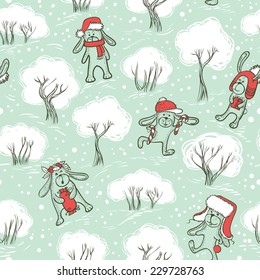 Winter forest with rabbits, seamless pattern