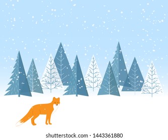 Winter forest with red fox abstract flat background. Simple Childrens drawing. Simple and cute landscape for your design