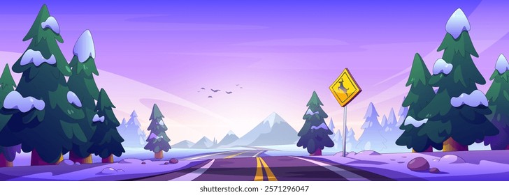 Winter forest road panorama - snowy highway through green pines toward mountains. Scenic landscape with snow capped trees, warning sign, flying birds and frost covered hills. Pathway for travel.