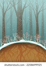 Winter forest with roots below ground, trees and bushes covered with snow and snowfall. Woods and roots underground, woodland nature illustration. Vector scenery illustration.