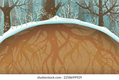 Winter forest with roots below ground, trees and bushes covered with snow and snowfall. Woods with roots underground, empty soil background illustration. Vector nature scenery illustration.