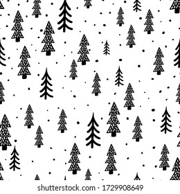 Winter Forest Scandinavian Hand Drawn Seamless Pattern. New Year, Christmas, Holidays White Texture With Fir Tree For Print, Paper, Design, Fabric, Decor, Gift Wrap, Background. Vector Illustration