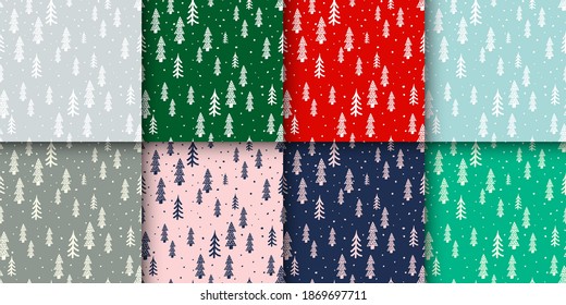 Winter forest scandinavian hand drawn seamless pattern set. Vector New Year, Christmas, holidays pastel gray, red, blue, green texture with Christmas tree for print, paper, design, decor, background.