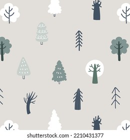 Winter forest scandinavian hand drawn seamless pattern Holiday background, Vector Christmas decoration with fir tree for print, paper, design, fabric, decor, gift wrap, background. Snow in the woods.