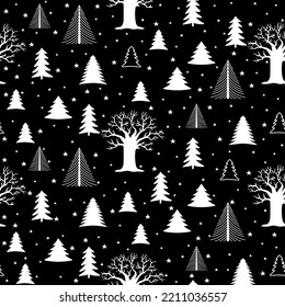 Winter forest scandinavian hand drawn seamless pattern. New Year, Christmas, holidays white texture with fir tree for print, paper, design, fabric, decor, gift wrap, background