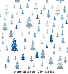 Winter forest scandinavian hand drawn seamless pattern. New Year, Christmas, holidays silver texture with Christmas tree