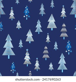 Winter forest scandinavian hand drawn seamless pattern. New Year, Christmas, holidays silver texture with Christmas tree
