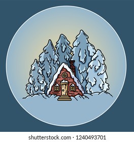 Winter forest scene cabin log illustration. Vector flat style