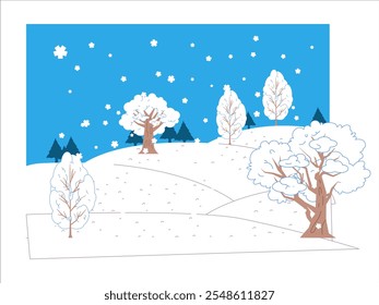 Bosque de invierno paisaje naturaleza bosques pinos abetos temporada de nieve copos de nieve colinas frías campos de invierno temporada al aire libre colorido conjunto de iconos diseño Fondo de pantalla de colección