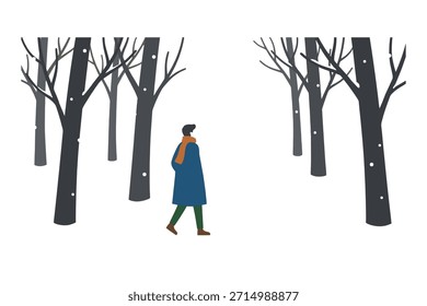 Persona de la escena del bosque del invierno que camina entre los árboles en nieve. Frío, naturaleza, aire libre, estacional.