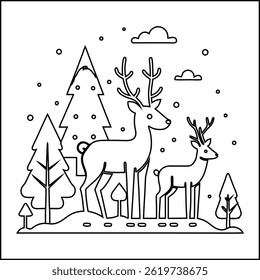 Winter forest scene reindeer family coloring book line art.