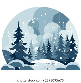 Escena de bosque de invierno con copos de nieve y árboles sobre blanco