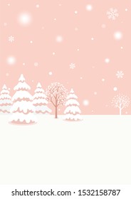 Winter forest scenery on pink background. Vector illustration for holiday greeting card.