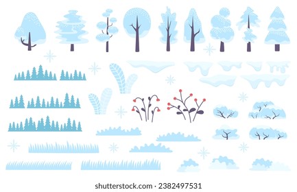  Winter forest scenery, snowy trees and bushes. Beautiful wild nature in snow, december freezing weather. Flat vector illustration
