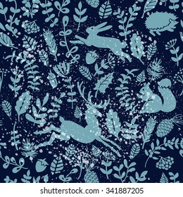 Winter forest seamless with animals. Seamless pattern for fabric, paper and other printing and web projects.