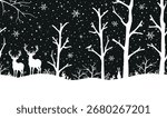 Winter Forest Seamless Border. Christmas Background. Winter Woods with Deer, Trees, Hire, Bird, Snowflakes, Snow. White Silhouettes. Template. Stencil. Vector Illustration on Black Background