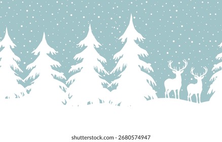 Winter Forest Seamless Border. Christmas Background. Winter Woods with Deer, Fir Trees, Snow. White Silhouettes. Template. Stencil. Vector Illustration on Light Blue Background