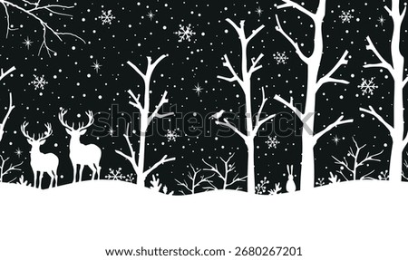 Winter Forest Seamless Border. Christmas Background. Winter Woods with Deer, Trees, Hire, Bird, Snowflakes, Snow. White Silhouettes. Template. Stencil. Vector Illustration on Black Background