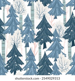 Winter Forest seamless pattern. Abstract forest with fir trees, bushes and tree trunks. Textured background.