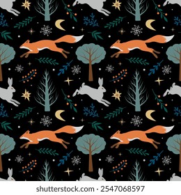 Winter forest seamless pattern. Forest animals, trees, plants and snowflakes on a dark background. Magic vector illustration for bed linen, fabric, wrapping paper, wallpaper, nursery decoration