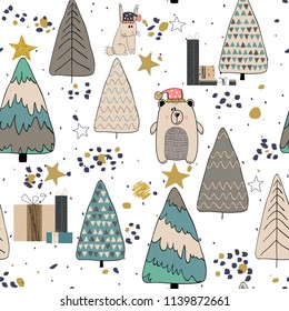 Winter Forest seamless pattern background. Scandinavian style.