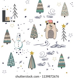 Winter Forest seamless pattern background. Scandinavian style.