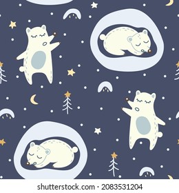 Winter forest seamless pattern with bear in den in cartoon style