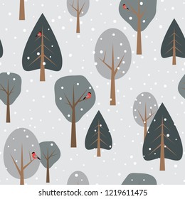 Winter forest seamless pattern with birds and snowfall. Vector.