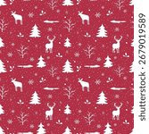 Winter Forest Seamless Pattern. Christmas Print. Winter Woods with Wild Animals, Trees, Snowflakes, Leaves, Berries. White Silhouettes. Template. Vector Illustration on Red Background